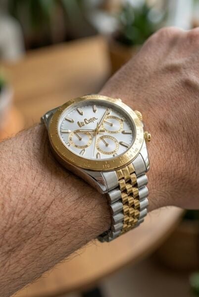 Lee Cooper Erkek Kol Saati | 43 mm Çelik Kasa, Silver - Gold Çelik Kordon, Silver Kadran