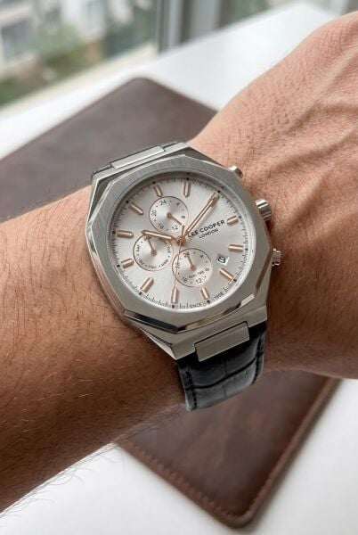Lee Cooper Gri Kasa Erkek Kol Saati | 43 mm Çelik Kasa, Siyah Deri Kordon, Gri Kadran