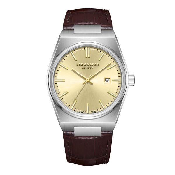 Lee Cooper Vintage Tasarım Erkek Kol Saati | 40 mm Çelik Kasa, Kahverengi Deri Kordon, Gold Kadran