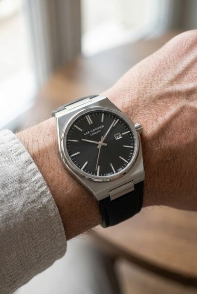 Lee Cooper Vintage Tasarım Erkek Kol Saati | 40 mm Çelik Kasa, Siyah Deri Kordon, Siyah Kadran