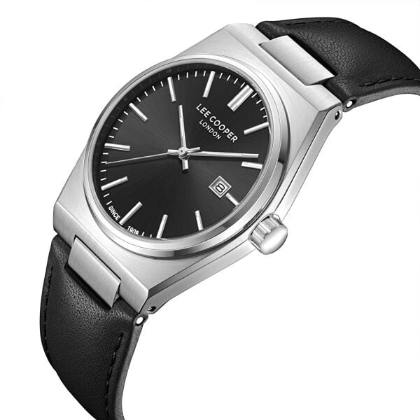 Lee Cooper Vintage Tasarım Erkek Kol Saati | 40 mm Çelik Kasa, Siyah Deri Kordon, Siyah Kadran