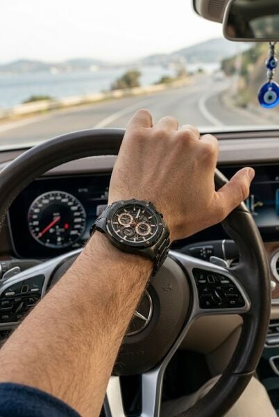 Fiesta Siyah Erkek Kol Saati | 48 mm Siyah Çelik Kasa, Siyah Çelik Kordon, Safir Cam