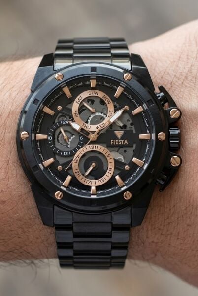Fiesta Siyah Erkek Kol Saati | 48 mm Siyah Çelik Kasa, Siyah Çelik Kordon, Safir Cam
