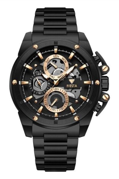 Fiesta Siyah Erkek Kol Saati | 48 mm Siyah Çelik Kasa, Siyah Çelik Kordon, Safir Cam