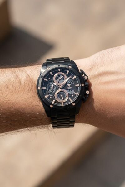 Fiesta Siyah Erkek Kol Saati | 48 mm Siyah Çelik Kasa, Siyah Çelik Kordon, Safir Cam