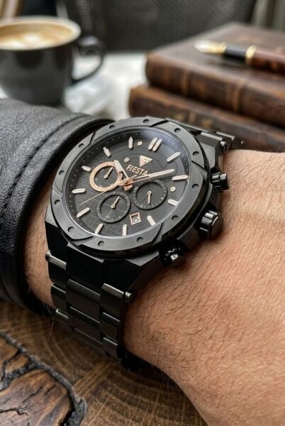 Fiesta Siyah Spor Erkek Kol Saati |  46 mm Çelik Kasa, Çelik Siyah Kordon, Safir Cam, 5ATM Su Geçirmez