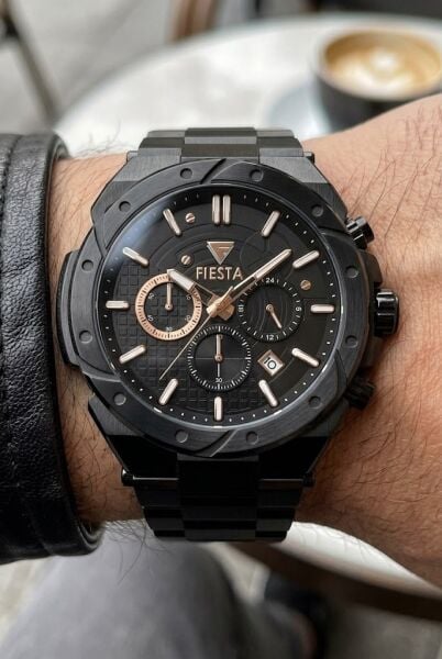 Fiesta Siyah Spor Erkek Kol Saati |  46 mm Çelik Kasa, Çelik Siyah Kordon, Safir Cam, 5ATM Su Geçirmez