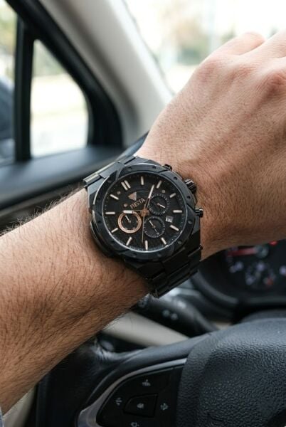Fiesta Siyah Spor Erkek Kol Saati |  46 mm Çelik Kasa, Çelik Siyah Kordon, Safir Cam, 5ATM Su Geçirmez