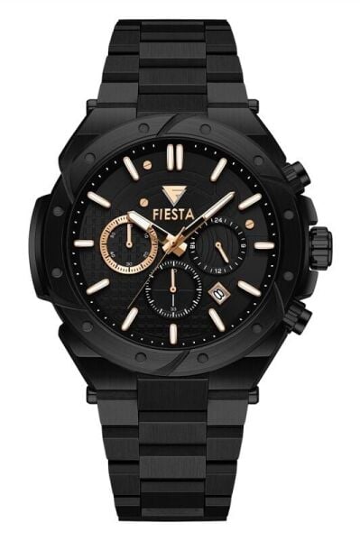 Fiesta Siyah Spor Erkek Kol Saati |  46 mm Çelik Kasa, Çelik Siyah Kordon, Safir Cam, 5ATM Su Geçirmez