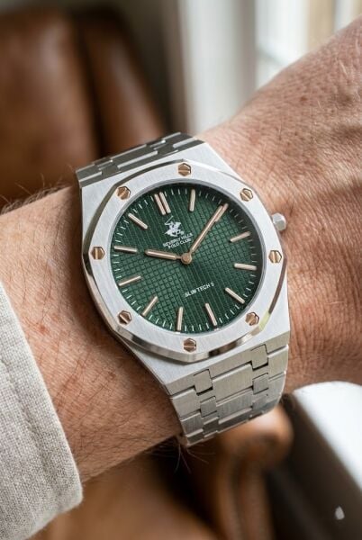 Beverly Hills Polo Club Gri Geometrik Kasa Erkek Kol Saati | 40 mm Çelik Kasa, Gri Çelik Kordon, Yeşil Kadran
