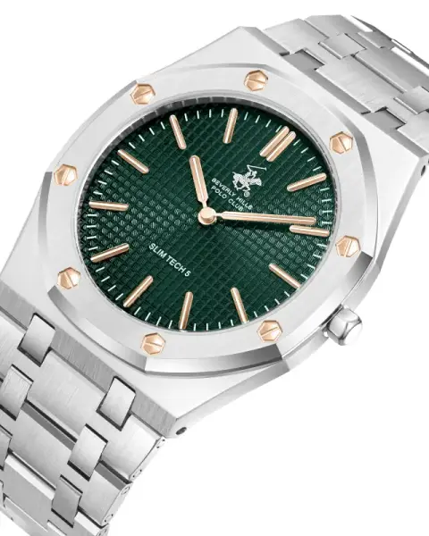 Beverly Hills Polo Club Gri Geometrik Kasa Erkek Kol Saati | 40 mm Çelik Kasa, Gri Çelik Kordon, Yeşil Kadran