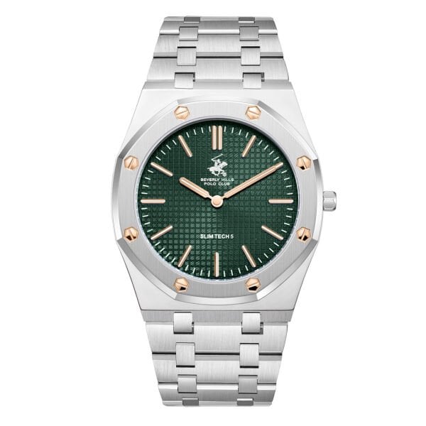 Beverly Hills Polo Club Gri Geometrik Kasa Erkek Kol Saati | 40 mm Çelik Kasa, Gri Çelik Kordon, Yeşil Kadran