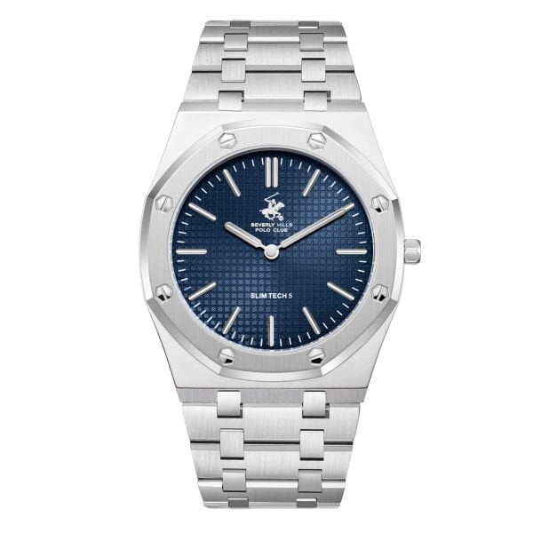 Beverly Hills Polo Club Gümüş Geometrik Kasa Erkek Kol Saati | 39 mm Çelik Kasa, Gümüş Çelik Kordon, Lacivert Kadran