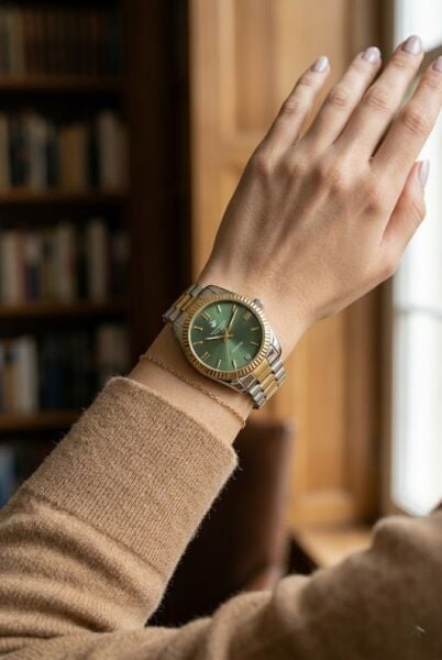 Beverly Hills Polo Club Kadın Kol Saati | 36 mm Çelik Kasa, Altın-Gümüş Çelik Kordon, Koyu Yeşil Kadran