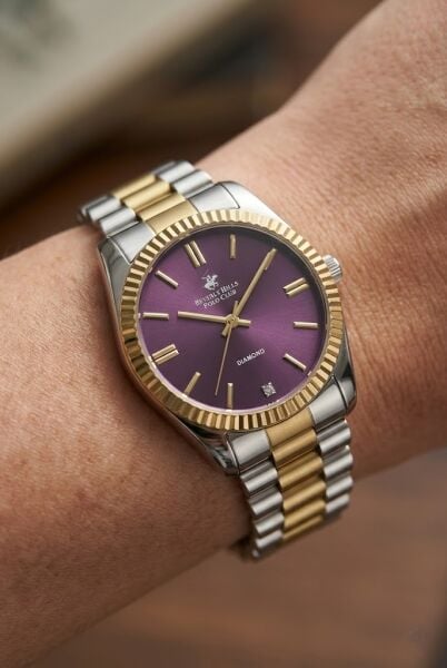Beverly Hills Polo Club Kadın Kol Saati | 36 mm Çelik Kasa, Altın-Gümüş Çelik Kordon, Mor Kadran