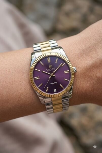 Beverly Hills Polo Club Kadın Kol Saati | 36 mm Çelik Kasa, Altın-Gümüş Çelik Kordon, Mor Kadran