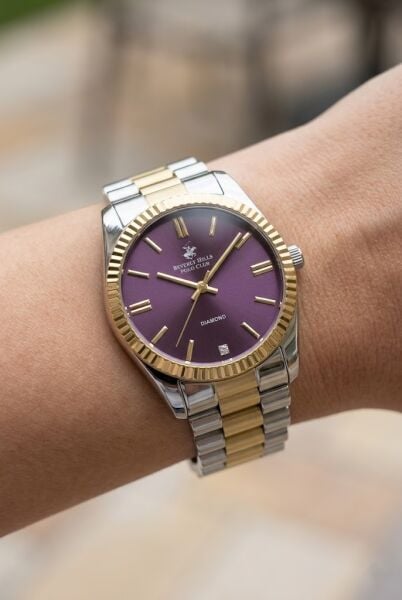 Beverly Hills Polo Club Kadın Kol Saati | 36 mm Çelik Kasa, Altın-Gümüş Çelik Kordon, Mor Kadran