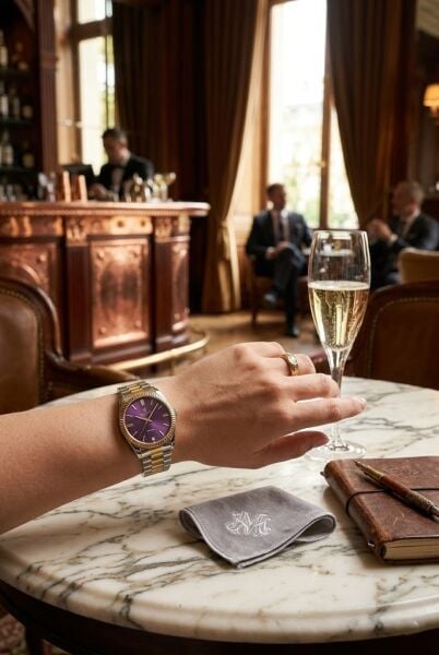 Beverly Hills Polo Club Kadın Kol Saati | 36 mm Çelik Kasa, Altın-Gümüş Çelik Kordon, Mor Kadran