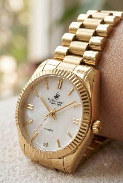Beverly Hills Polo Club Altın Yuvarlak Kasa Kadın Kol Saati | 36 mm Çelik Kasa, Altın Çelik Kordon, Sedef Kadran