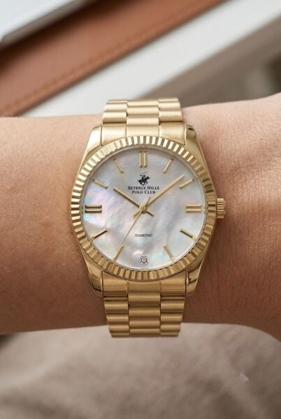 Beverly Hills Polo Club Altın Yuvarlak Kasa Kadın Kol Saati | 36 mm Çelik Kasa, Altın Çelik Kordon, Sedef Kadran