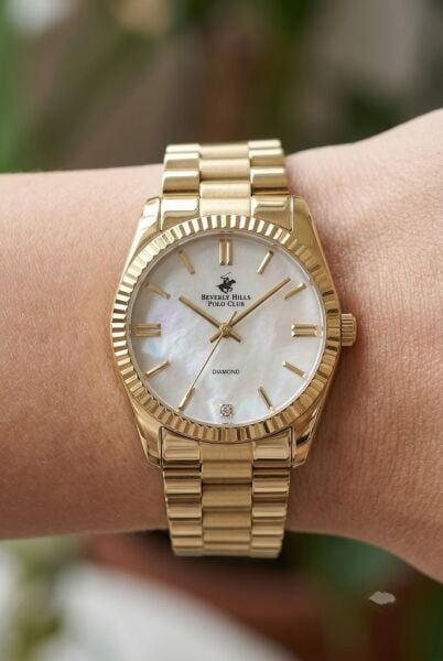 Beverly Hills Polo Club Altın Yuvarlak Kasa Kadın Kol Saati | 36 mm Çelik Kasa, Altın Çelik Kordon, Sedef Kadran