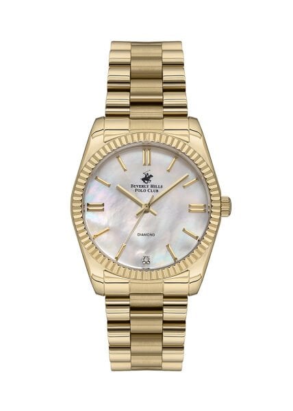 Beverly Hills Polo Club Altın Yuvarlak Kasa Kadın Kol Saati | 36 mm Çelik Kasa, Altın Çelik Kordon, Sedef Kadran
