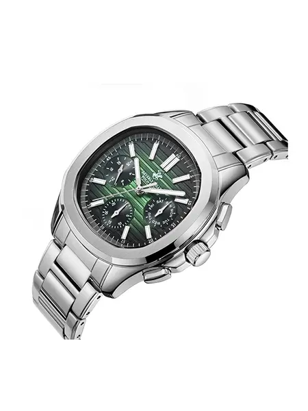 Beverly Hills Polo Club Gümüş Yuvarlak Kasa Erkek Kol Saati | 44 mm Çelik Kasa, Gümüş Çelik Kordon, Koyu Yeşil Kadran
