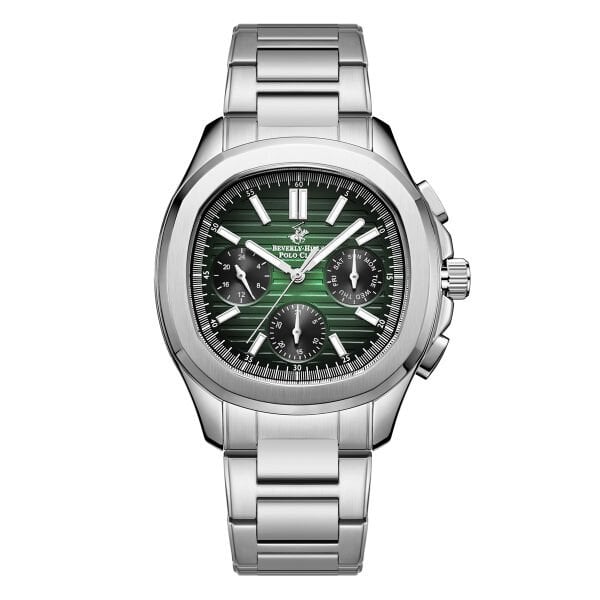 Beverly Hills Polo Club Gümüş Yuvarlak Kasa Erkek Kol Saati | 44 mm Çelik Kasa, Gümüş Çelik Kordon, Koyu Yeşil Kadran