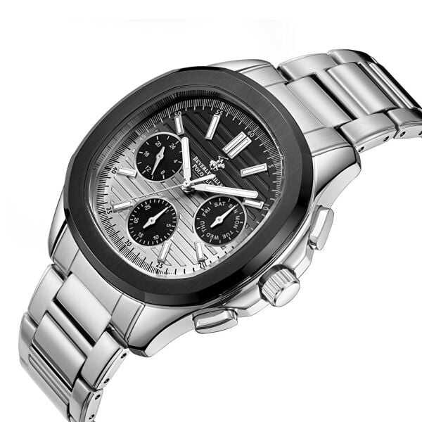 Beverly Hills Polo Club  Gümüş - Siyah Yuvarlak Kasa Erkek Kol Saati | 44 mm Çelik Kasa