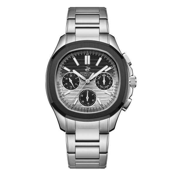 Beverly Hills Polo Club  Gümüş - Siyah Yuvarlak Kasa Erkek Kol Saati | 44 mm Çelik Kasa