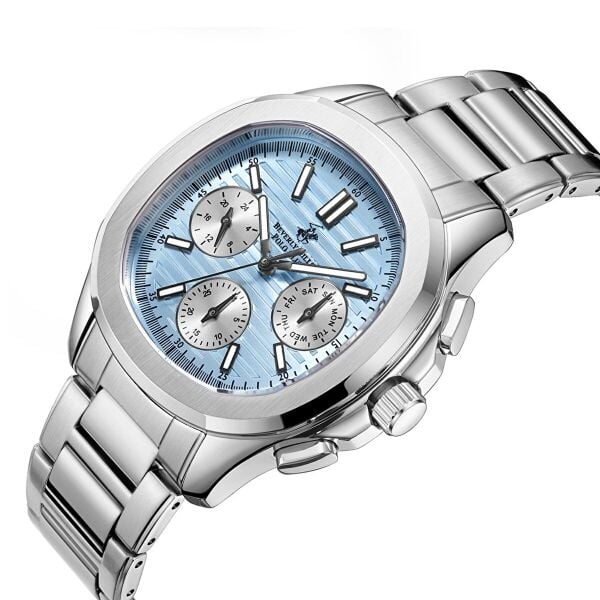 Beverly Hills Polo Club Gümüş Yuvarlak Kasa Erkek Kol Saati | 44 mm Çelik Kasa, Mavi Kadran
