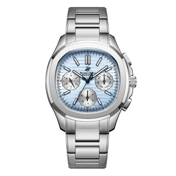 Beverly Hills Polo Club Gümüş Yuvarlak Kasa Erkek Kol Saati | 44 mm Çelik Kasa, Mavi Kadran