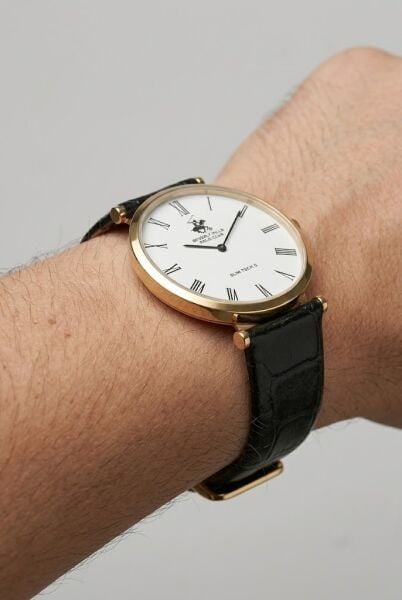 Beverly Hills Polo Club Altın Yuvarlak Kasa Erkek Kol Saati | 39 mm Çelik Kasa, Siyah Deri Kordon, Beyaz Kadran