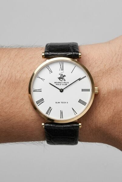 Beverly Hills Polo Club Altın Yuvarlak Kasa Erkek Kol Saati | 39 mm Çelik Kasa, Siyah Deri Kordon, Beyaz Kadran