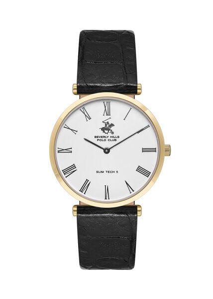 Beverly Hills Polo Club Altın Yuvarlak Kasa Erkek Kol Saati | 39 mm Çelik Kasa, Siyah Deri Kordon, Beyaz Kadran