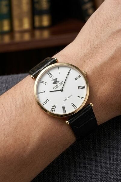 Beverly Hills Polo Club Altın Yuvarlak Kasa Erkek Kol Saati | 39 mm Çelik Kasa, Siyah Deri Kordon, Beyaz Kadran