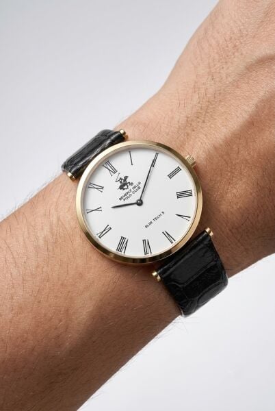 Beverly Hills Polo Club Altın Yuvarlak Kasa Erkek Kol Saati | 39 mm Çelik Kasa, Siyah Deri Kordon, Beyaz Kadran