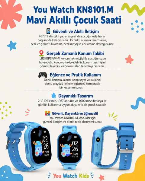 You Watch Sim Kartlı Mavi Takip ve Telefon Özellikli Akıllı Çocuk Saati
