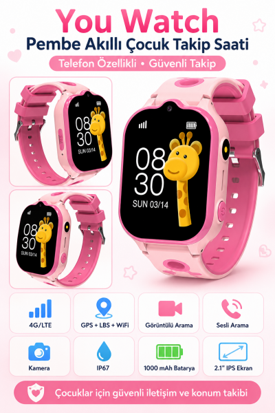 You Watch Sim Kartlı Çocuk Takip ve Telefon Özellikli Pembe Akıllı Saat