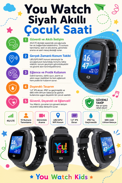 You Watch Siyah Sim Kartlı Çocuk Takip ve Telefon Özellikli Akıllı Saat