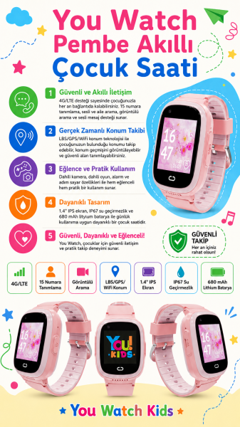 You Watch Sim Kartlı Pembe Çocuk Takip ve Telefon Arama Özellikli Akıllı Saat