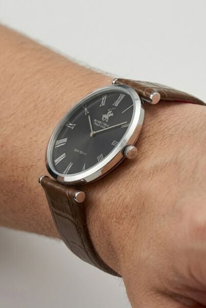 Beverly Hills Polo Club Altın Yuvarlak Kasa Erkek Kol Saati | 39 mm Çelik Kasa, Siyah Deri Kordon, Beyaz Kadran