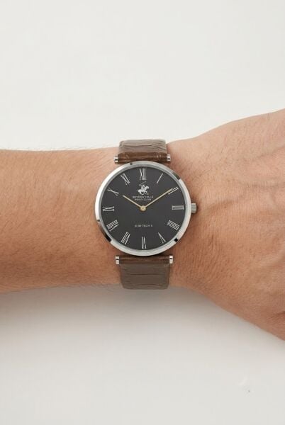 Beverly Hills Polo Club Altın Yuvarlak Kasa Erkek Kol Saati | 39 mm Çelik Kasa, Siyah Deri Kordon, Beyaz Kadran