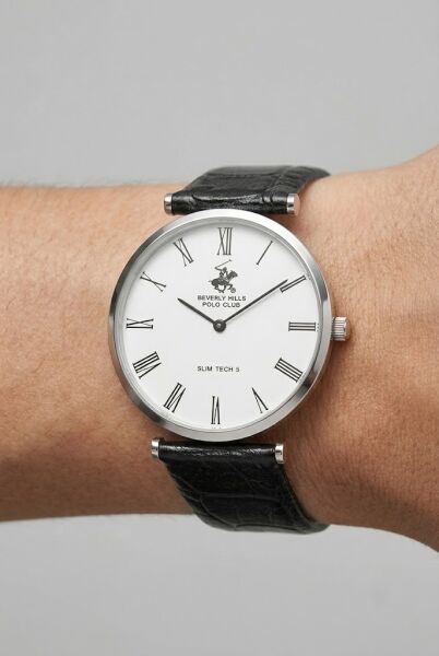 Beverly Hills Polo Club Altın Yuvarlak Kasa Erkek Kol Saati | 39 mm Çelik Kasa, Siyah Deri Kordon, Beyaz Kadran