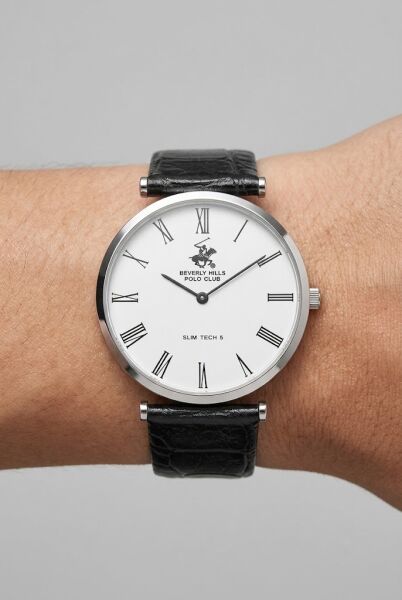 Beverly Hills Polo Club Altın Yuvarlak Kasa Erkek Kol Saati | 39 mm Çelik Kasa, Siyah Deri Kordon, Beyaz Kadran