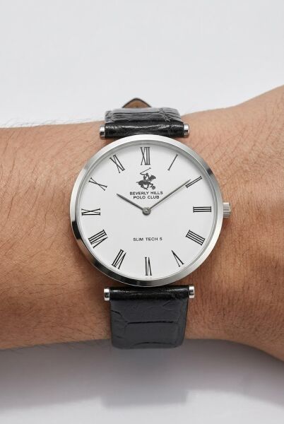 Beverly Hills Polo Club Altın Yuvarlak Kasa Erkek Kol Saati | 39 mm Çelik Kasa, Siyah Deri Kordon, Beyaz Kadran