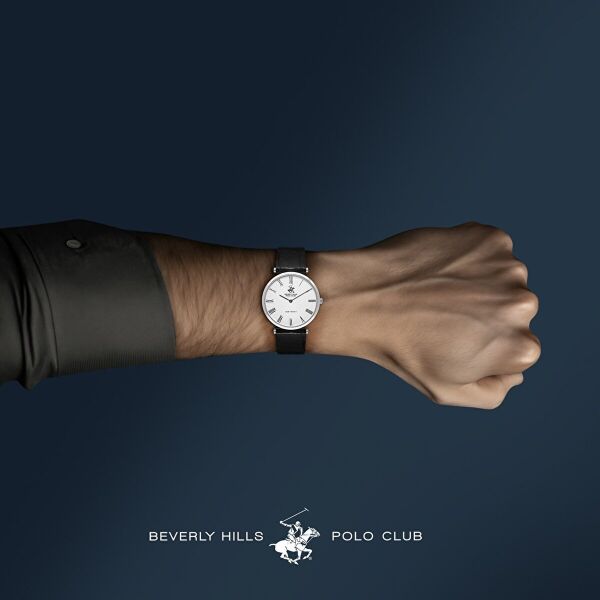 Beverly Hills Polo Club Altın Yuvarlak Kasa Erkek Kol Saati | 39 mm Çelik Kasa, Siyah Deri Kordon, Beyaz Kadran