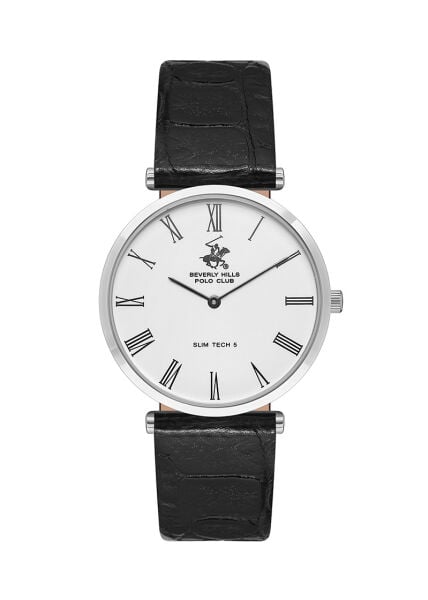 Beverly Hills Polo Club Altın Yuvarlak Kasa Erkek Kol Saati | 39 mm Çelik Kasa, Siyah Deri Kordon, Beyaz Kadran