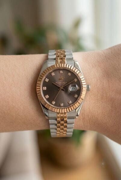 Beverly Hills Polo Club Gümüş-Rose Yuvarlak Kasa Kadın Kol Saati | 30 mm Çelik Kasa, Kahverengi Kadran