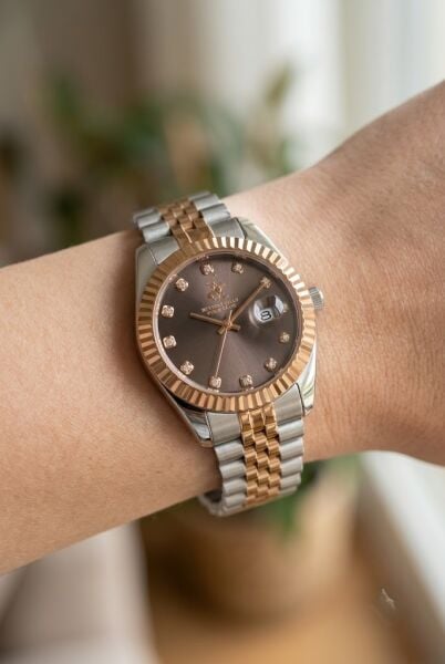 Beverly Hills Polo Club Gümüş-Rose Yuvarlak Kasa Kadın Kol Saati | 30 mm Çelik Kasa, Kahverengi Kadran